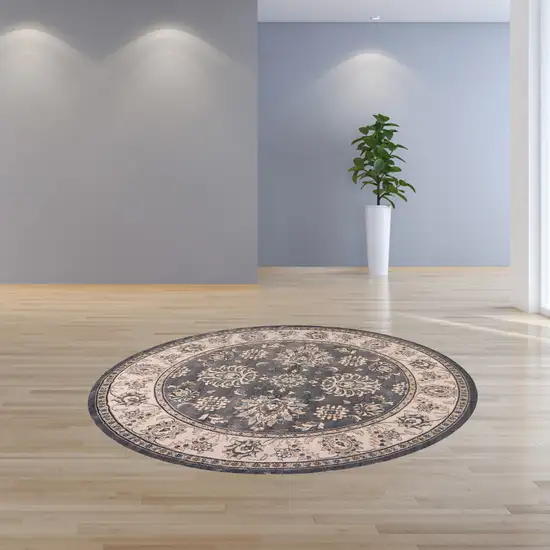 Grey Ivory Floral Round Indoor Area Rug Photo 4