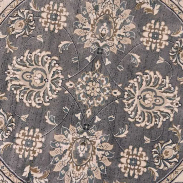 Grey Ivory Floral Round Indoor Area Rug Photo 3