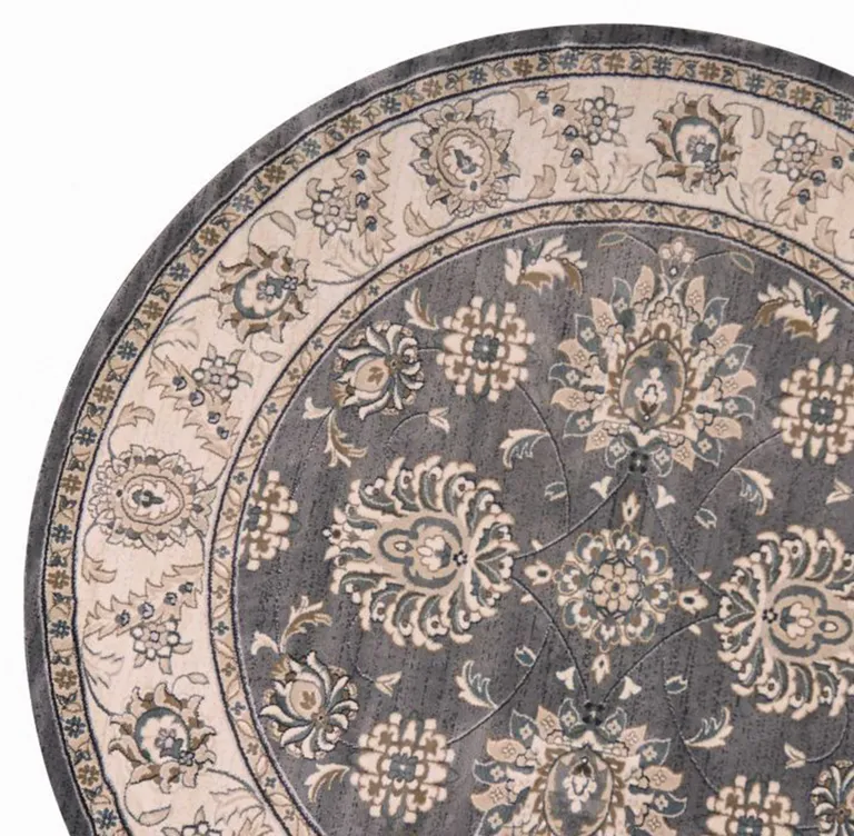 Grey Ivory Floral Round Indoor Area Rug Photo 2