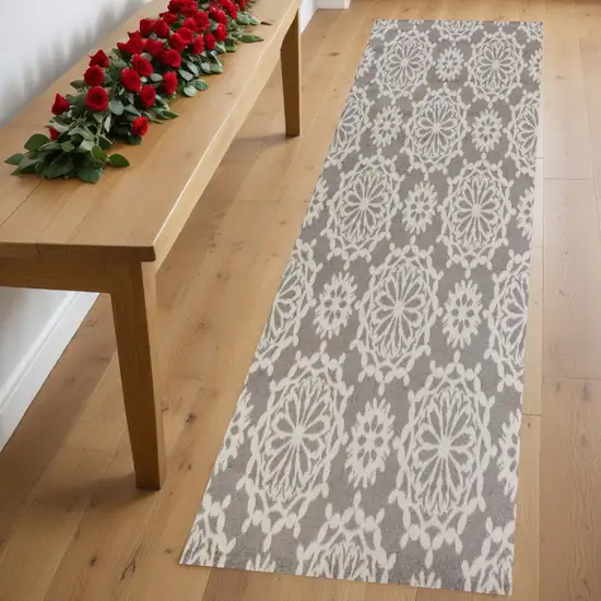 7' Runner Gray and Ivory Floral Runner Rug Photo 1