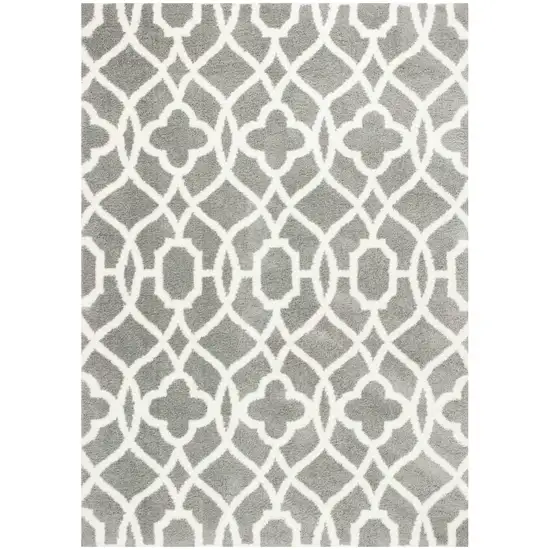 Grey Ivory Machine Woven Ogee Indoor Shag Area Rug Photo 1