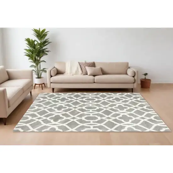 Grey Ivory Machine Woven Ogee Indoor Shag Area Rug Photo 2