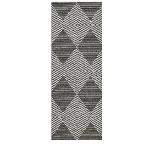 8' Grey Ivory Machine Woven Uv Treated Diamonds Indoor Outdoor Runner Rug Photo 3