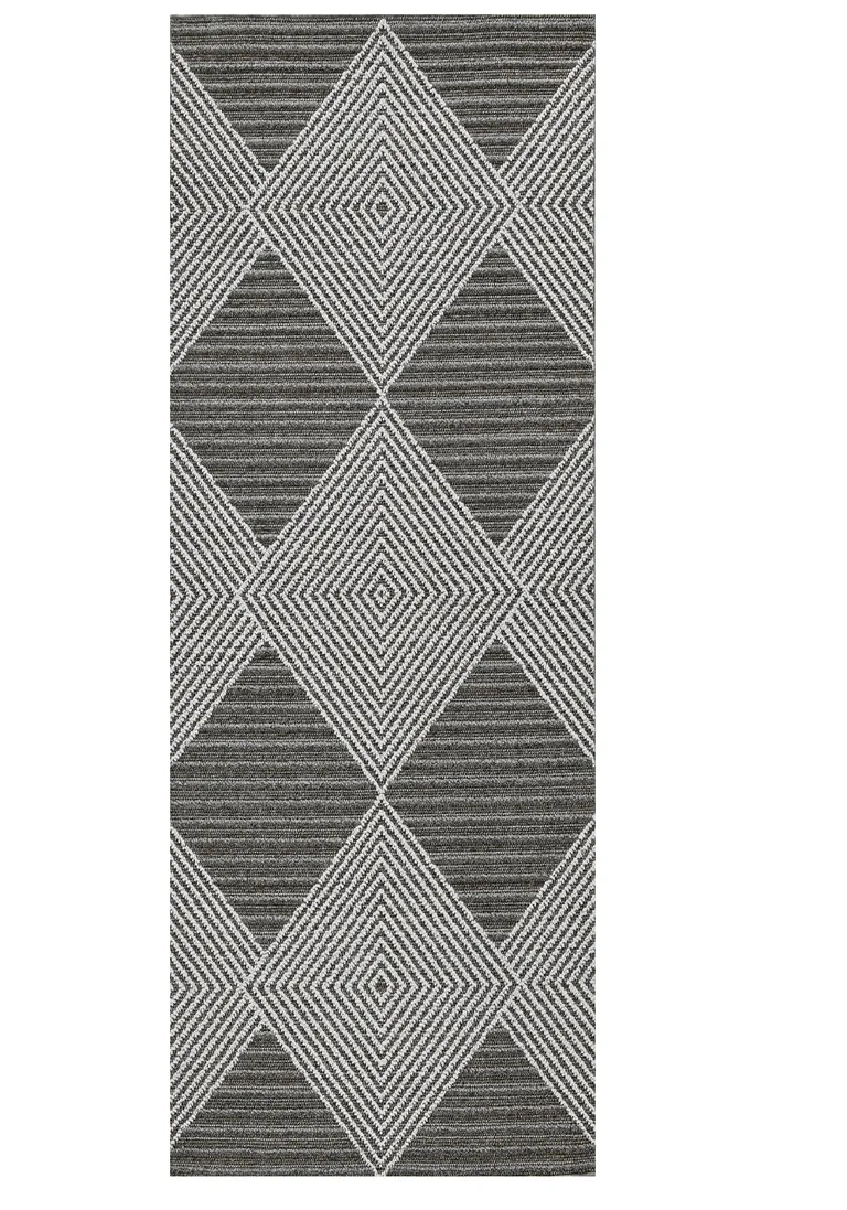 Grey Ivory Machine Woven UV Treated Diamonds Indoor Outdoor Runner Rug Photo 1