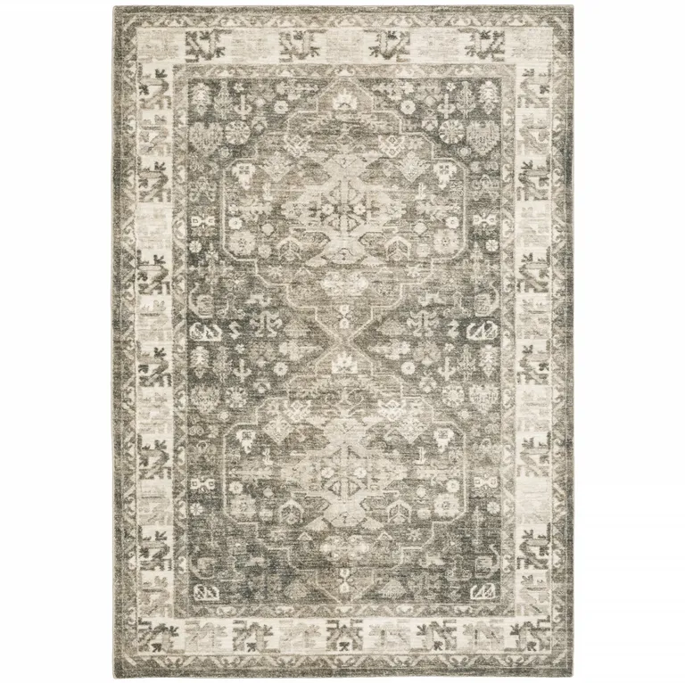 Grey Ivory Tan And Beige Oriental Power Loom Stain Resistant Area Rug Photo 1