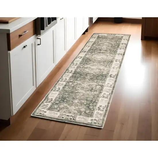 8' Gray and Ivory Oriental Power Loom Runner Rug Photo 1