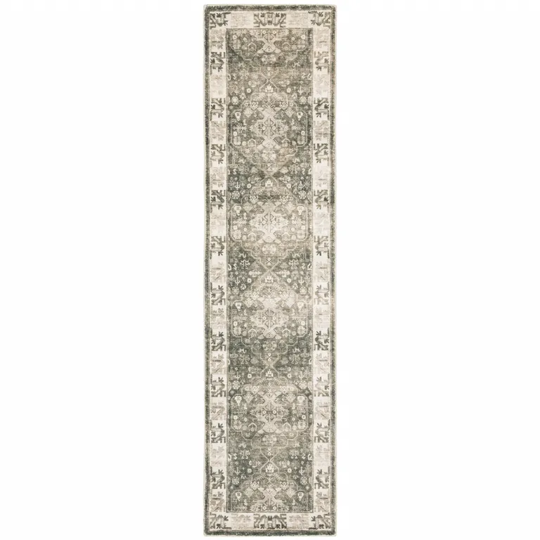 Grey Ivory Tan And Beige Oriental Power Loom Stain Resistant Runner Rug Photo 1