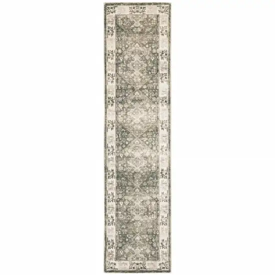 Grey Ivory Tan And Beige Oriental Power Loom Stain Resistant Runner Rug Photo 1