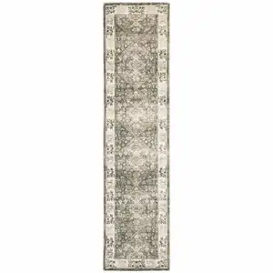 Photo of Grey Ivory Tan And Beige Oriental Power Loom Stain Resistant Runner Rug