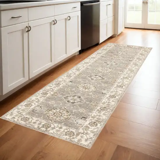 Gray and Ivory Oriental Power Loom Runner Rug Photo 1