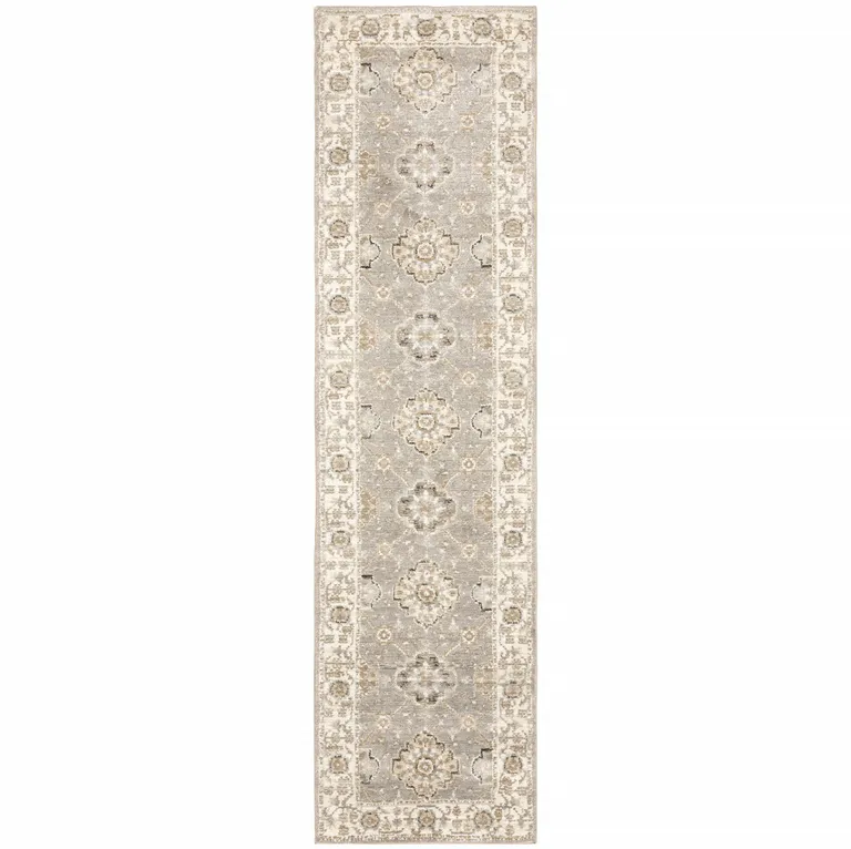 Grey Ivory Tan Brown And Gold Oriental Power Loom Stain Resistant Runner Rug Photo 1