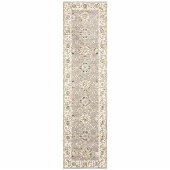 Grey Ivory Tan Brown And Gold Oriental Power Loom Stain Resistant Runner Rug Photo 1