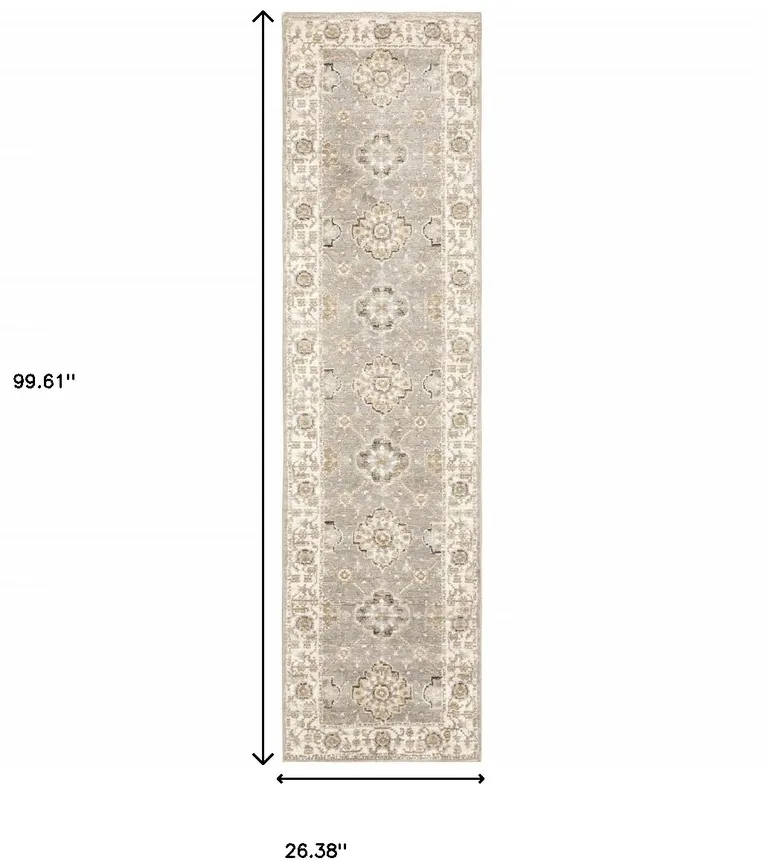 Grey Ivory Tan Brown And Gold Oriental Power Loom Stain Resistant Runner Rug Photo 4