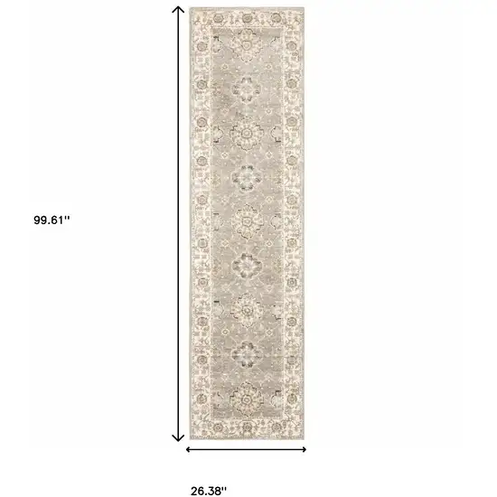 Grey Ivory Tan Brown And Gold Oriental Power Loom Stain Resistant Runner Rug Photo 4