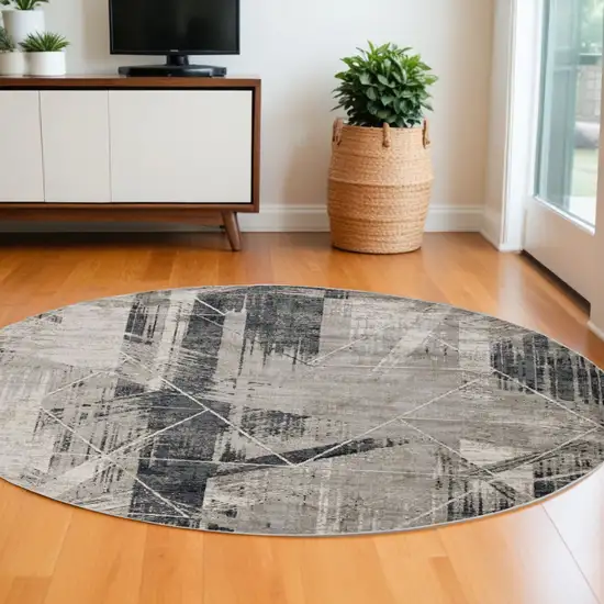 8' Grey Machine Woven Abstract Geometric Round Indoor Area Rug Photo 1