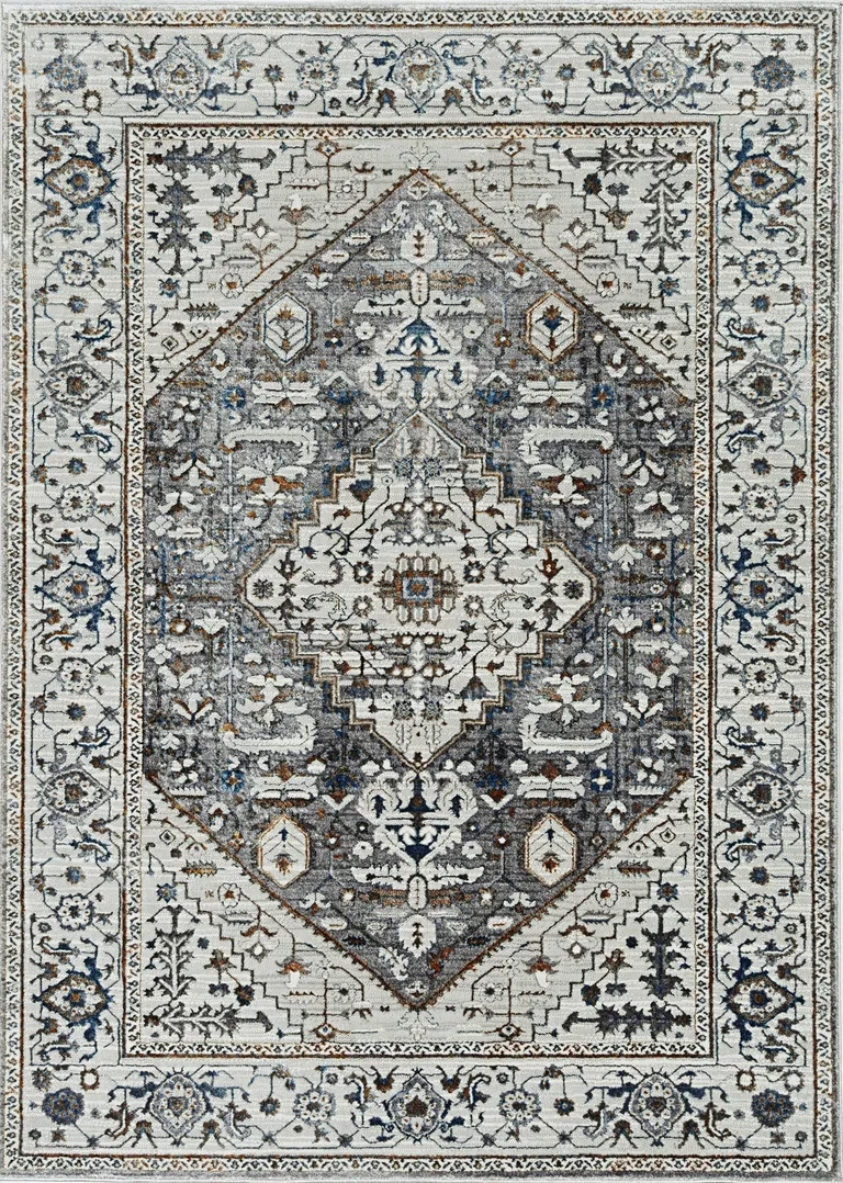 Grey Machine Woven Diamond Floral Medallion Indoor Runner Rug Photo 1