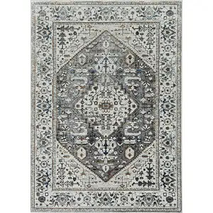 Photo of Grey Machine Woven Diamond Floral Medallion Indoor Runner Rug