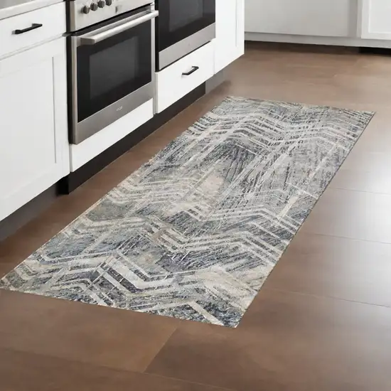 8' Grey Machine Woven Distressed Chevron Indoor Runner Rug Photo 1