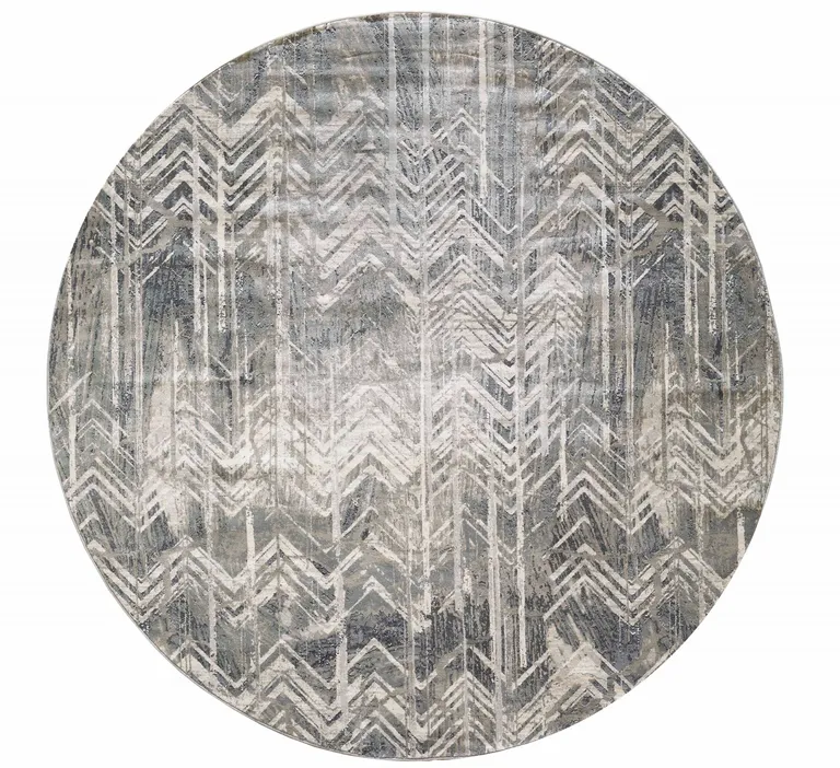 Grey Machine Woven Distressed Chevron Round Indoor Area Rug Photo 2