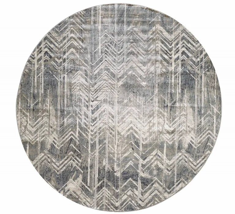 Grey Machine Woven Distressed Chevron Round Indoor Area Rug Photo 3