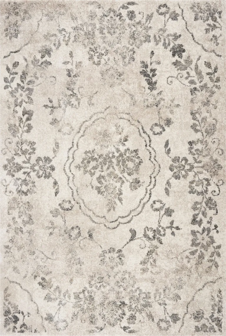 Grey Machine Woven Distressed Floral Medallion Indoor Area Rug Photo 1