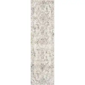 Photo of Grey Machine Woven Distressed Floral Medallion Indoor Runner Rug