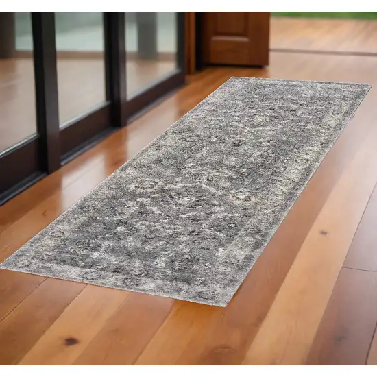 7' Grey Machine Woven Distressed Floral Traditional Indoor Runner Rug Photo 1