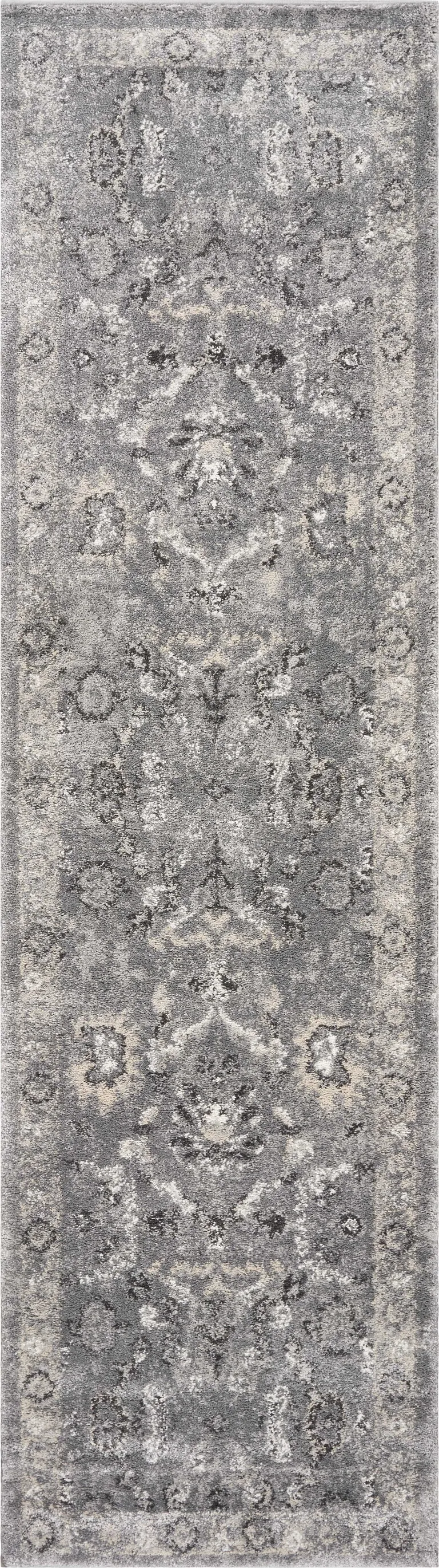 Grey Machine Woven Distressed Floral Traditional Indoor Runner Rug Photo 1