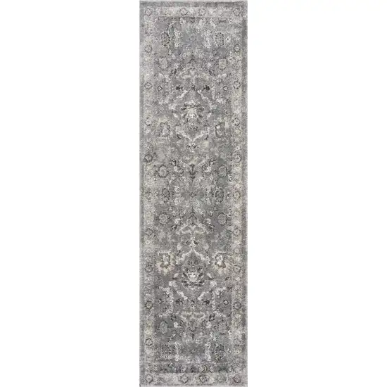 Grey Machine Woven Distressed Floral Traditional Indoor Runner Rug Photo 1