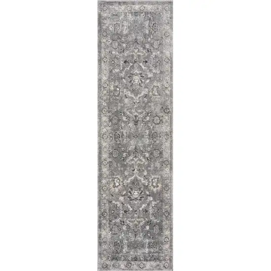 7' Grey Machine Woven Distressed Floral Traditional Indoor Runner Rug Photo 2