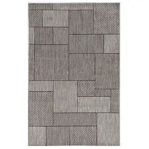 Photo of Grey Machine Woven UV Treated Geometric Blocks Indoor Outdoor Area Rug