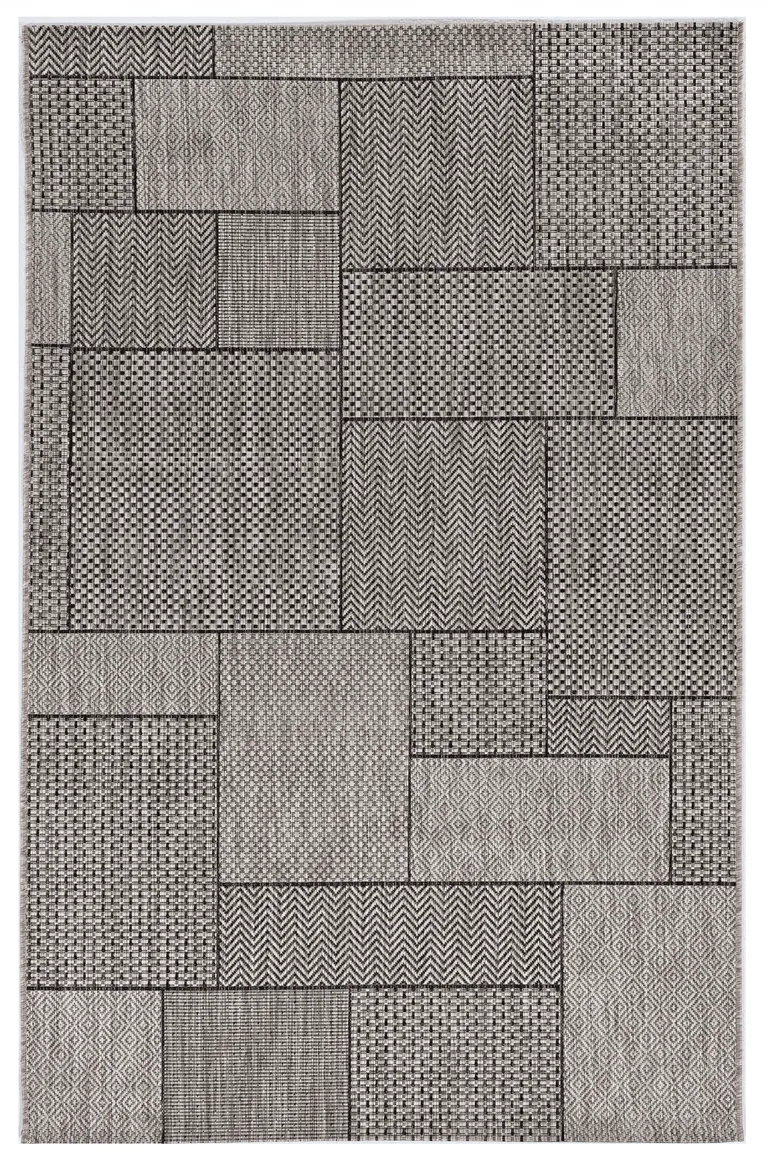 Grey Machine Woven UV Treated Geometric Blocks Indoor Outdoor Area Rug Photo 1