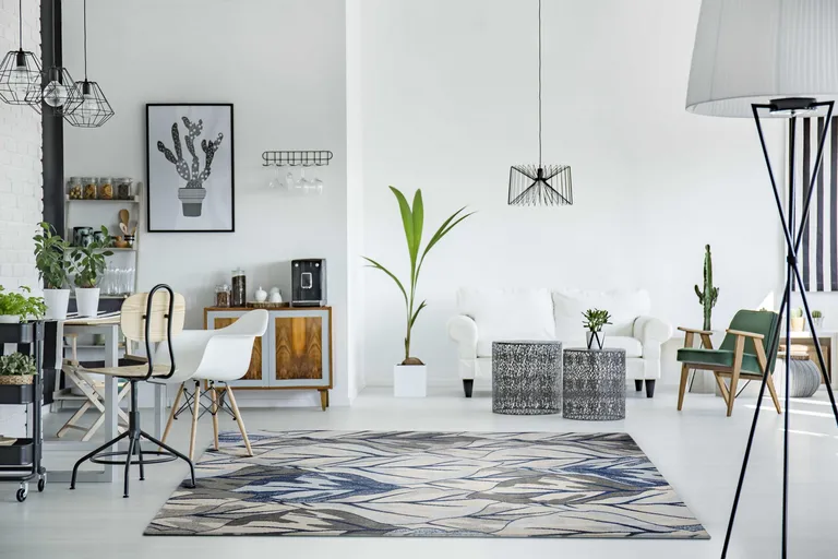 Grey Navy Machine Woven Oversized Leaves Indoor Area Rug Photo 5