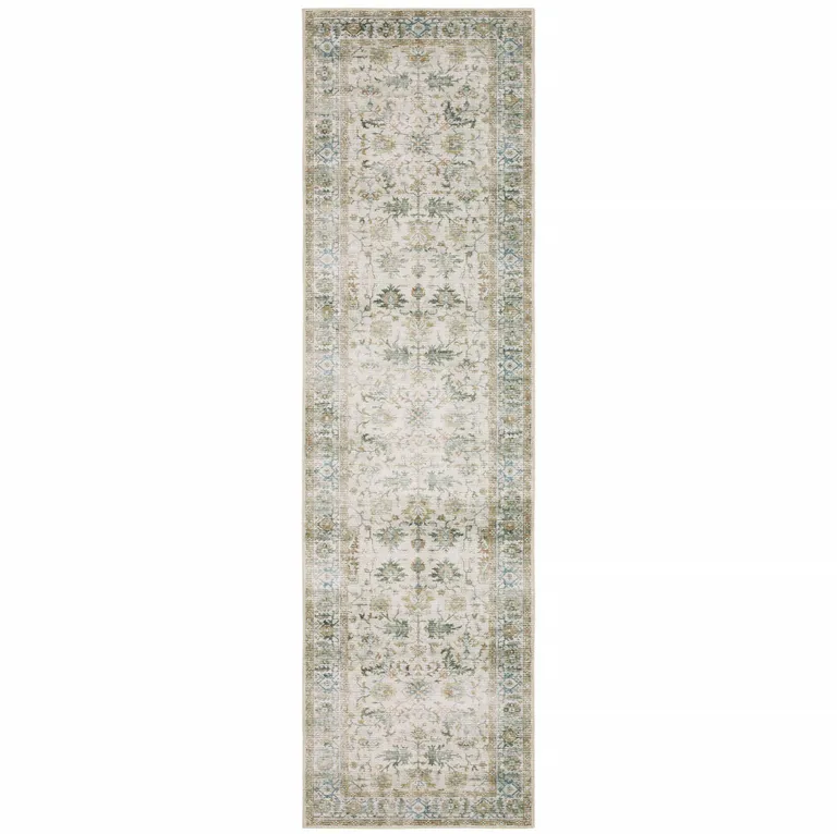 Grey Orange Blue Gold Green And Rust Oriental Printed Stain Resistant Non Skid Runner Rug Photo 1