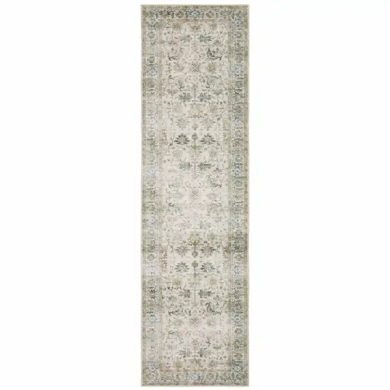 Grey Orange Blue Gold Green And Rust Oriental Printed Stain Resistant Non Skid Runner Rug Photo 2