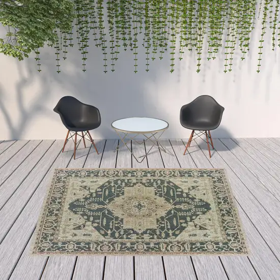 Grey Oriental Stain Resistant Indoor Outdoor Area Rug Photo 3