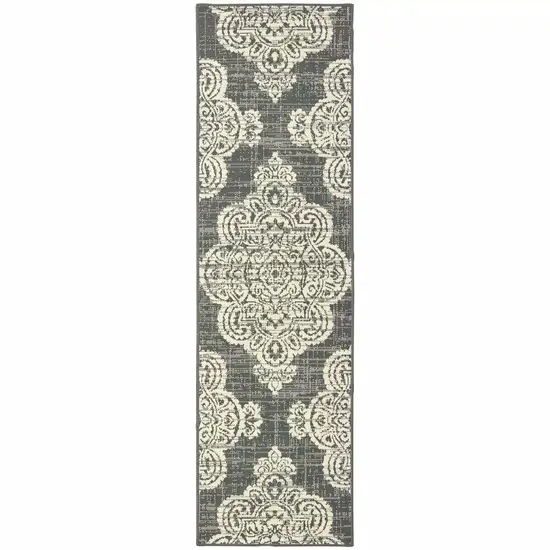 Grey Oriental Stain Resistant Indoor Outdoor Area Rug Photo 1