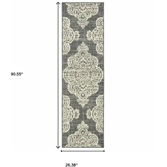 Grey Oriental Stain Resistant Indoor Outdoor Area Rug Photo 5