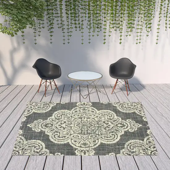 Grey Oriental Stain Resistant Indoor Outdoor Area Rug Photo 2