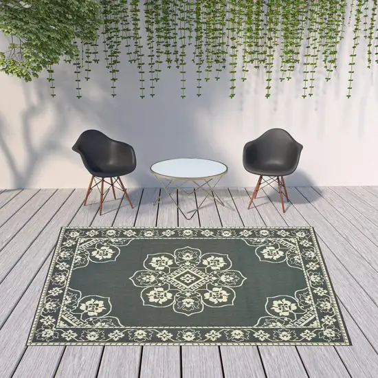 Grey Oriental Stain Resistant Indoor Outdoor Area Rug Photo 2