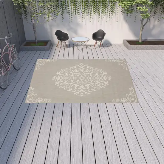 Grey Oriental Stain Resistant Indoor Outdoor Area Rug Photo 2