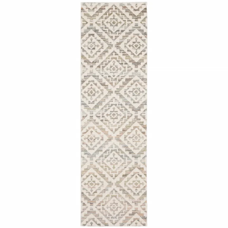 Grey Pink And Sage Geometric Power Loom Stain Resistant Runner Rug Photo 1