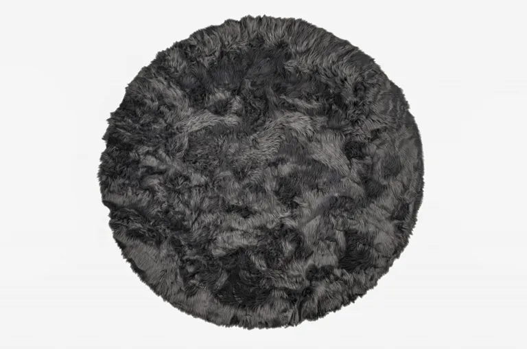 Grey Round Faux Fur Washable Non Skid Area Rug Photo 1