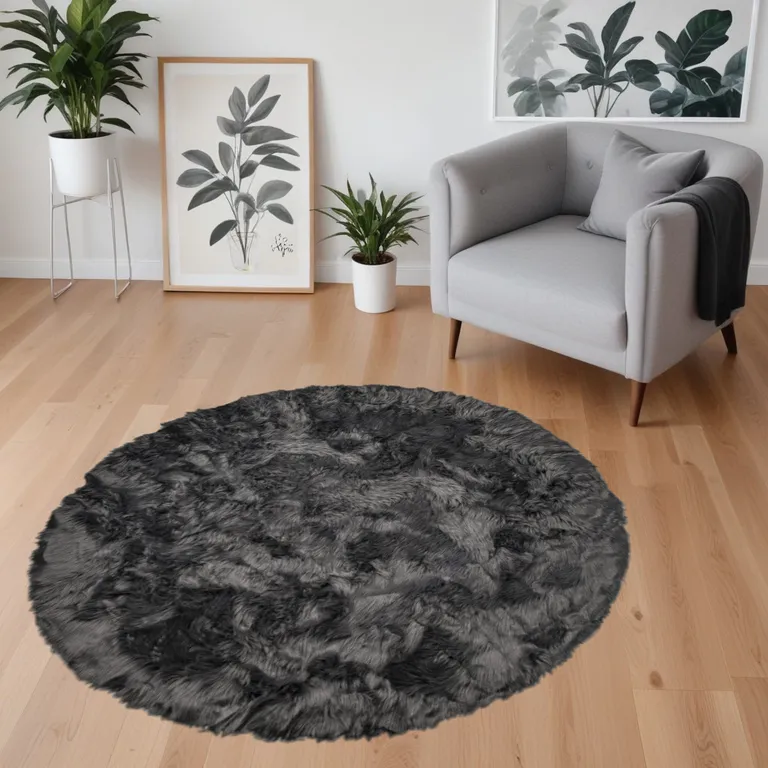 Grey Round Faux Fur Washable Non Skid Area Rug Photo 5