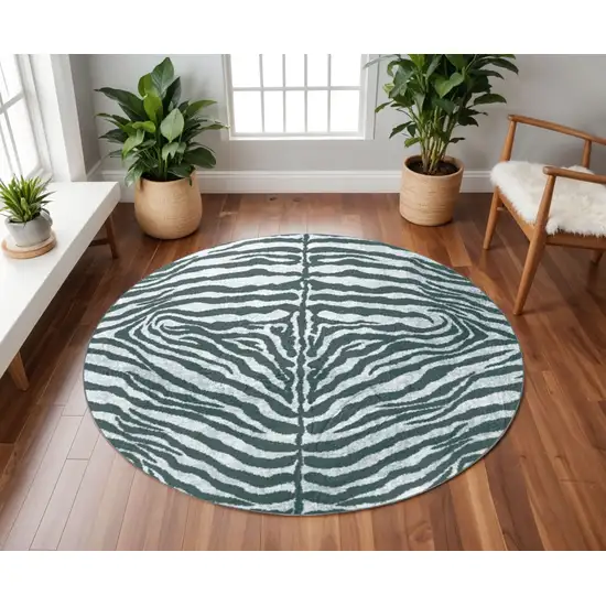 8' X 8' Grey Round Zebra Print Shag Handmade Non Skid Area Rug Photo 1