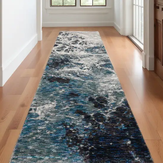 12' Runner Grey Teal and Green Abstract Power Loom Runner Rug Photo 1