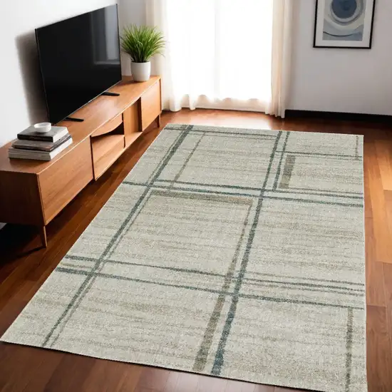 Grey Teal Beige and Tan Geometric Power Loom Area Rug Photo 1