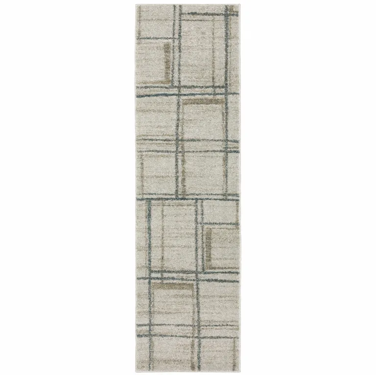 Grey Teal Beige And Tan Geometric Power Loom Stain Resistant Runner Rug Photo 1