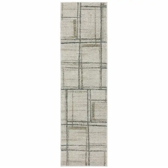 Grey Teal Beige And Tan Geometric Power Loom Stain Resistant Runner Rug Photo 1