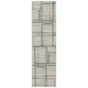 Photo of Grey Teal Beige And Tan Geometric Power Loom Stain Resistant Runner Rug